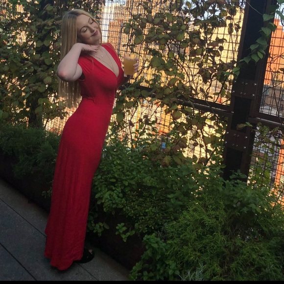 Red Maxi Tulip Skirt Deep V Wrap Dress - Picture 1 of 5